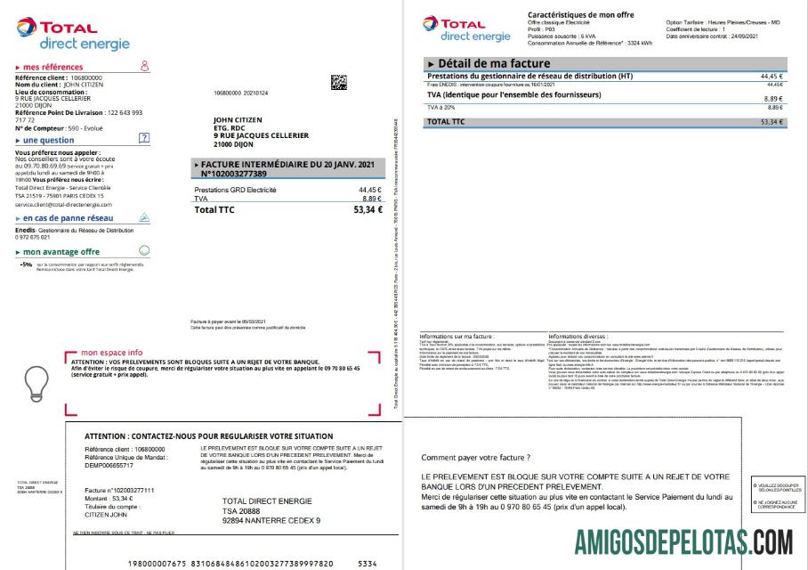 Conta de serviços públicos de energia direta total da França exemplo real